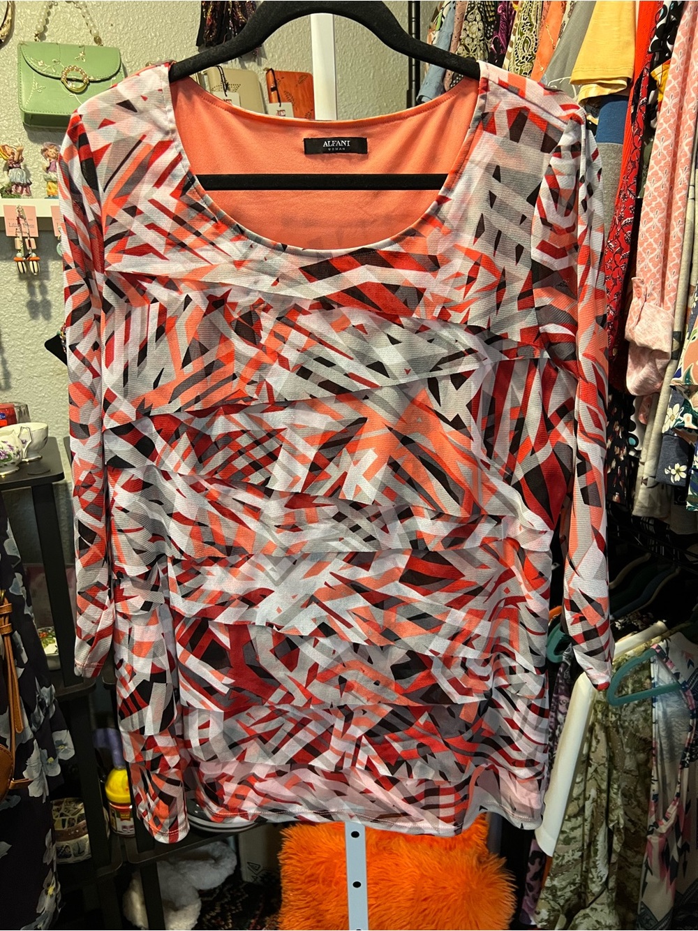 Alfani Coral, Black & White Abstract-Print Long Sleeve Scoop Top